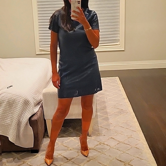 WOMEN'S ZARA NAVY BLUE TEAL LEATHER MINI DRESS SZ S $80 - Picture 1 of 7